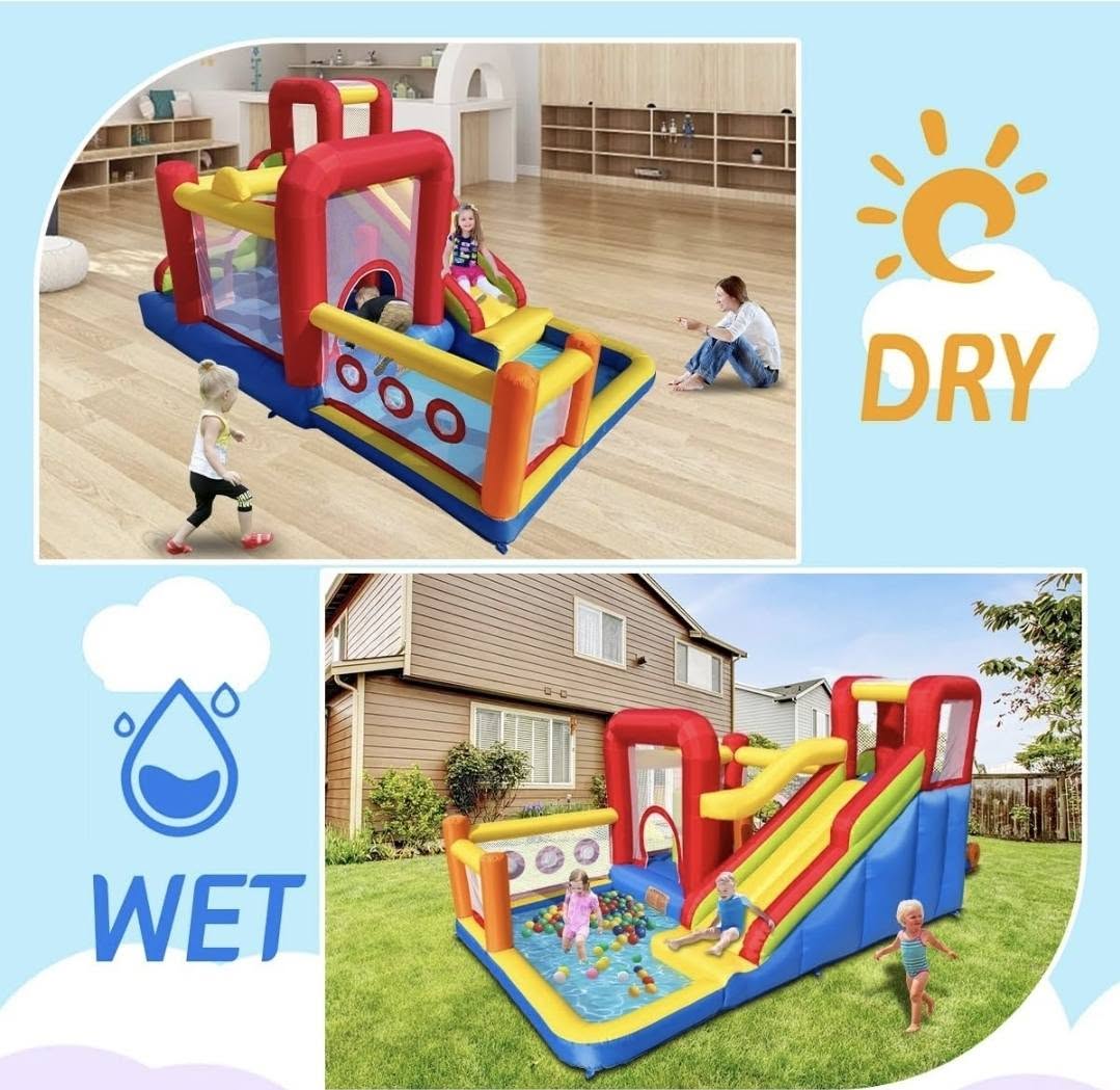 Inflatable bouncy castle with a slide, shown dry and with a water-play option